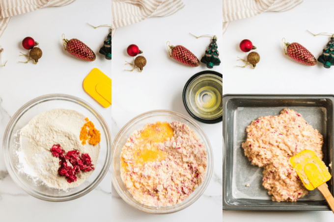 Process shots for Orange coffee cake with cranberries.