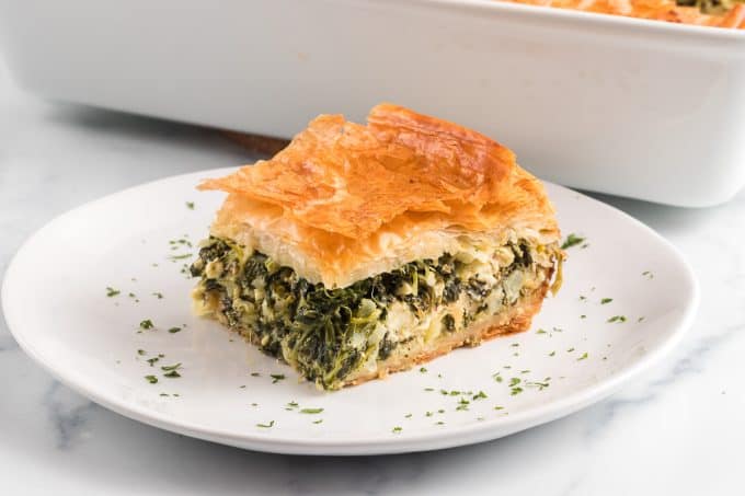 A slice of Greek Spinach Pie or Spanakopita.