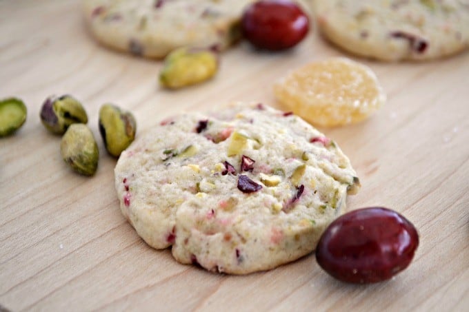 A simple and easy sugar cookie filled with the flavors of fresh cranberries, crystallized ginger and chopped pistachios.