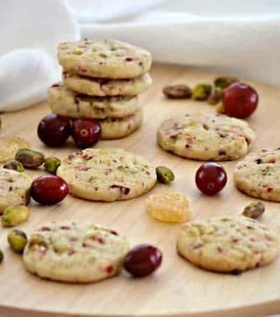 A simple and easy sugar cookie filled with the flavors of fresh cranberries, crystallized ginger and chopped pistachios.