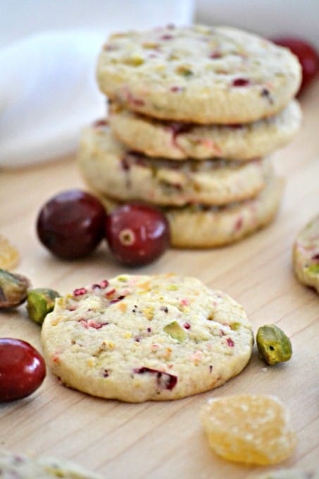 A simple and easy sugar cookie filled with the flavors of fresh cranberries, crystallized ginger and chopped pistachios.