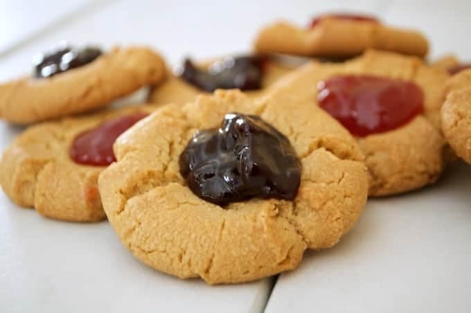 A simple peanut butter cookie indented in the middle and filled with strawberry preserves. It's a peanut butter and jelly sandwich in cookie form.