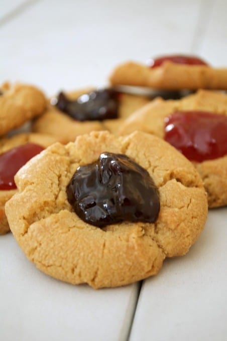 A simple peanut butter cookie indented in the middle and filled with strawberry preserves. It's a peanut butter and jelly sandwich in cookie form