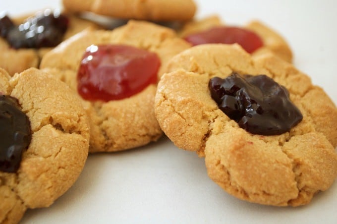 A simple peanut butter cookie indented in the middle and filled with strawberry preserves. It's a peanut butter and jelly sandwich in cookie form
