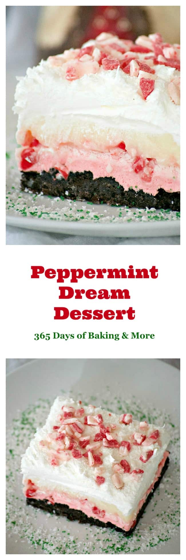 Peppermint Dream Dessert - an Oreo crust, a creamy peppermint layer, white chocolate pudding, crunchy peppermint baking chips and shaved white chocolate make this a fabulous holiday treat!