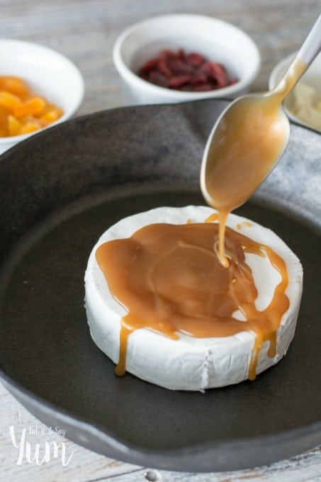 Sweet, Fruit and Nut Baked Brie- with caramel of butterscotch sauce