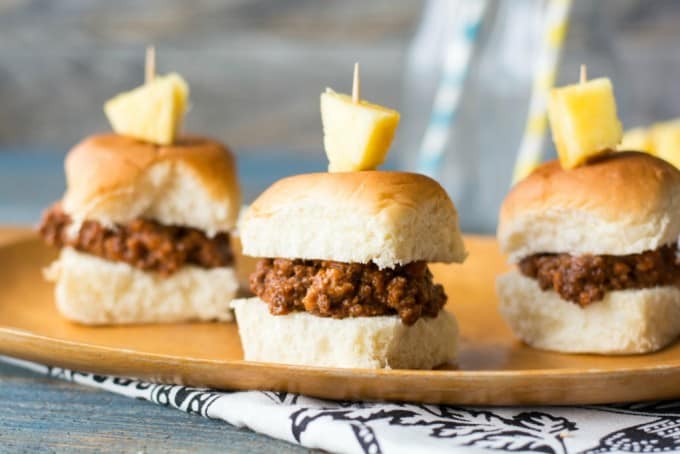 Aloha Sloppy Sliders- sloppy joes with a Hawaiian flare, perfect appetizer or dinner with kids