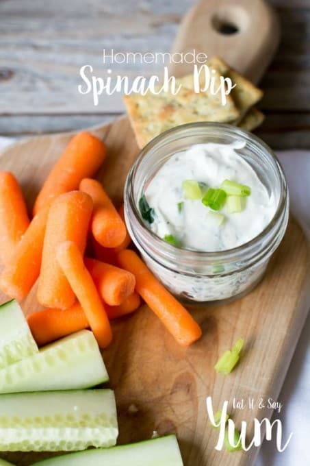 Homemade Spinach Dip recipe- perfect for dipping crackers, french bread, and veggie sticks- serve in small jars for an easily portable appetizer at picnics