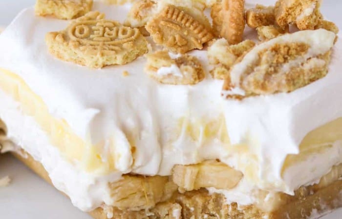 A bite taken out of a Banana Pudding Dream Bar.
