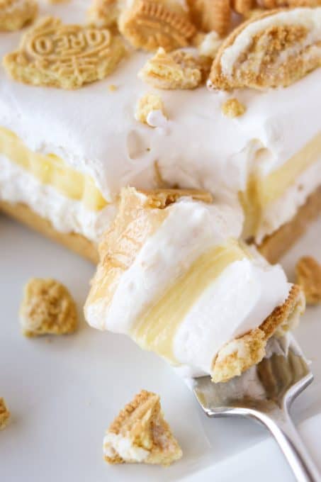 A bite of Banana Pudding Dream Bar on a fork.