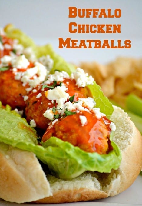 These Buffalo Chicken Meatballs made with ground chicken, buffalo sauce and Panko bread crumbs are perfect as a Game Day appetizer or in a roll topped with your choice of blue cheese or ranch dressing!