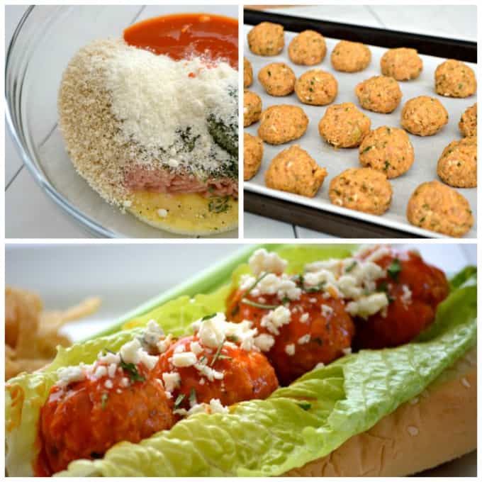 These Buffalo Chicken Meatballs made with ground chicken, buffalo sauce and Panko bread crumbs are perfect as a Game Day appetizer or in a roll topped with your choice of blue cheese or ranch dressing!