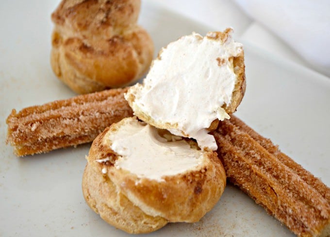These Churro Cream Puffs are a simple Pâte à Choux filled with a sweetened cinnamon whipped cream and sprinkled with some cinnamon sugar to top it off.