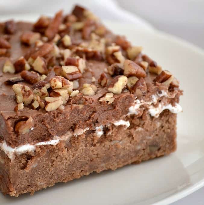 Mississippi Mud Cake is a rich chocolate cake pecans and coconut, topped with a layer of marshmallow cream, chocolate frosting and more pecan pieces.