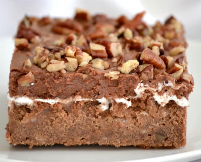 Mississippi Mud Cake is a rich chocolate cake pecans and coconut, topped with a layer of marshmallow cream, chocolate frosting and more pecan pieces.