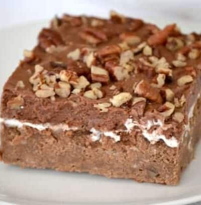 Mississippi Mud Cake is a rich chocolate cake with pecans and coconut, topped with a layer of marshmallow cream, chocolate frosting and more pecan pieces.