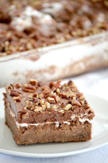 Mississippi Mud Cake is a rich chocolate cake pecans and coconut, topped with a layer of marshmallow cream, chocolate frosting and more pecan pieces.