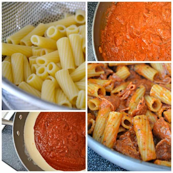 This Pepperoni Pizza Pasta is pepperoni and rigatoni mixed with a cheesy pizza sauce full of taste. It's a new alternative to pizza night!