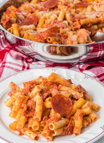 Pasta with pizza sauce and pepperoni.