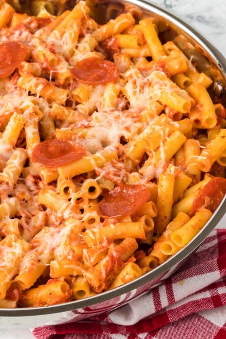 Pepperoni in a pizza pasta dish.