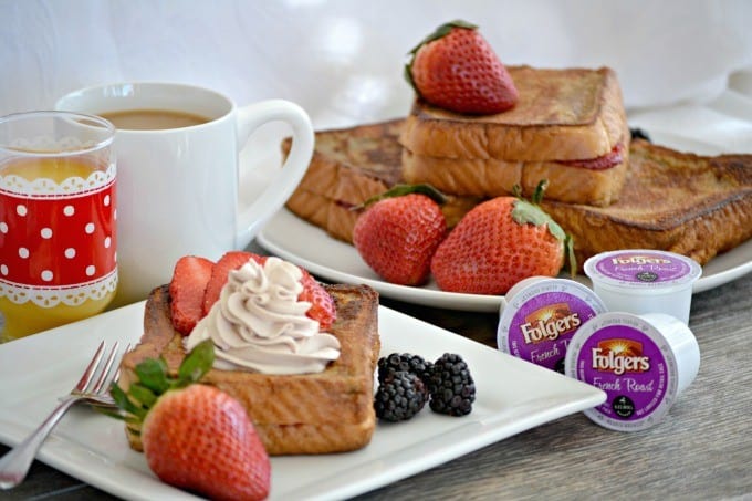 This Strawberry Stuffed Mocha French Toast is Texas toast stuffed with cream cheese and strawberries then dipped in a mocha batter made with Folgers French Roast coffee.