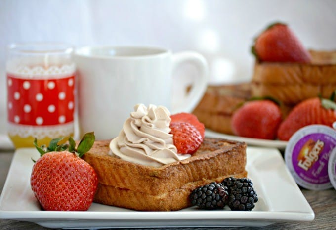 This Strawberry Stuffed Mocha French Toast is Texas toast stuffed with cream cheese and strawberries then dipped in a mocha batter made with Folgers French Roast coffee.