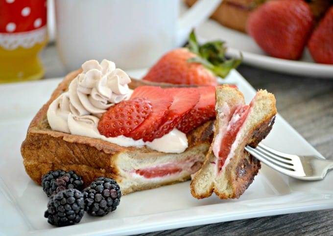 This Strawberry Stuffed Mocha French Toast is Texas toast stuffed with cream cheese and strawberries then dipped in a mocha batter made with Folgers French Roast coffee.