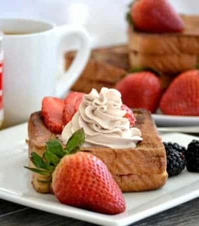 This Strawberry Stuffed Mocha French Toast is Texas toast stuffed with cream cheese and strawberries then dipped in a mocha batter made with Folgers French Roast coffee.