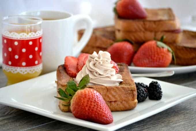 This Strawberry Stuffed Mocha French Toast is Texas toast stuffed with cream cheese and strawberries then dipped in a mocha batter made with Folgers French Roast coffee.