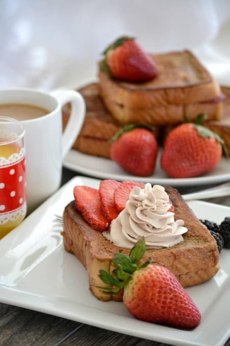 This Strawberry Stuffed Mocha French Toast is Texas toast stuffed with cream cheese and strawberries then dipped in a mocha batter made with Folgers French Roast coffee.