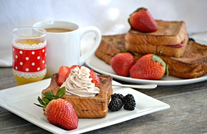 This Strawberry Stuffed Mocha French Toast is Texas toast stuffed with cream cheese and strawberries then dipped in a mocha batter made with Folgers French Roast coffee.