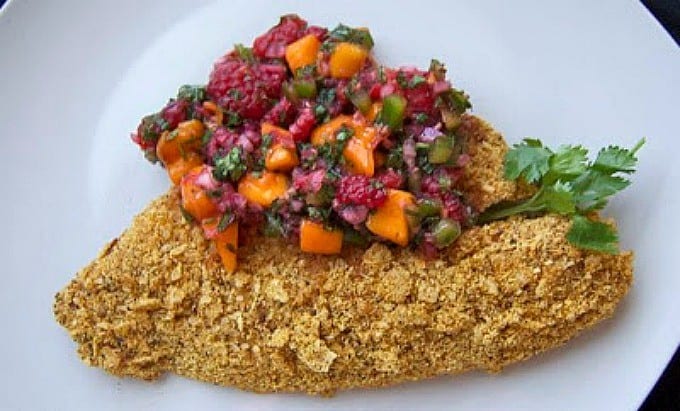 Tacoed Tilapia with Raspberry Mango Salsa