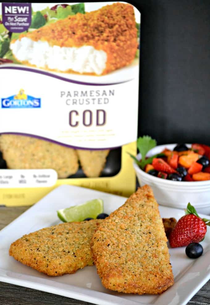 Gorton's Parmesan crusted Cod accompanied by a fresh strawberry, blueberry and mango salsa - a delicious and easy dinner that's ready in under 30 minutes!
