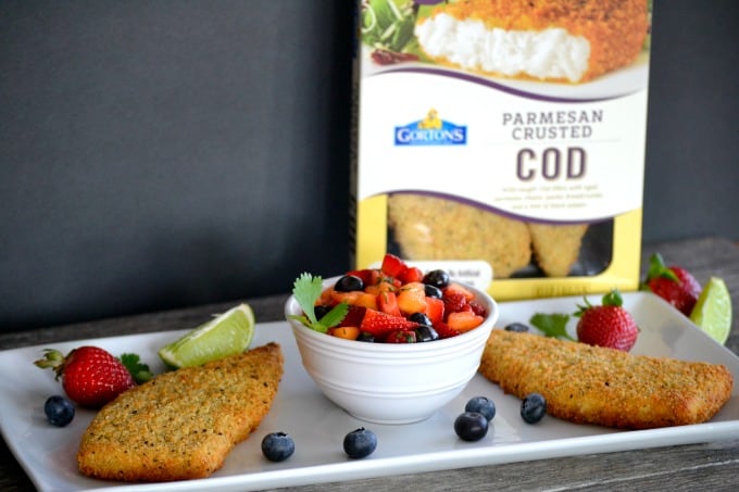 Gorton's Parmesan crusted Cod accompanied by a fresh strawberry, blueberry and mango salsa - a delicious and easy dinner that's ready in under 30 minutes!