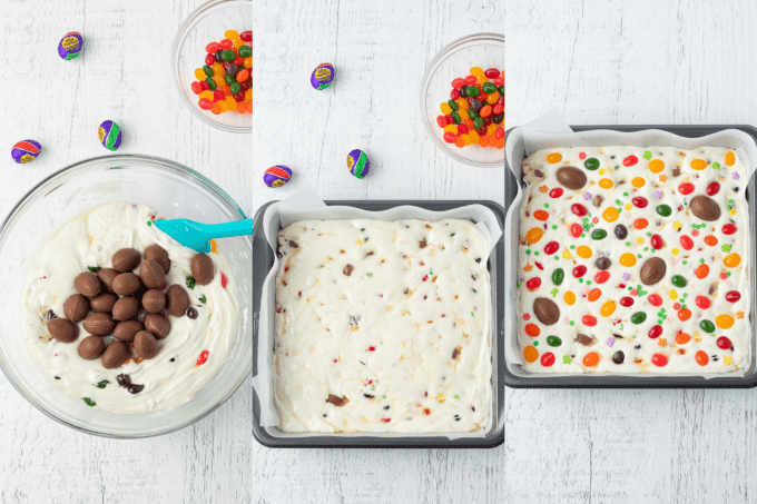 The last process steps to make White Chocolate Fudge with Easter candy.