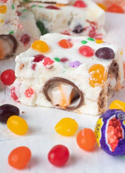 White Chocolate Fudge with jelly beans, mini Cadbury Creme Eggs, and sprinkles.