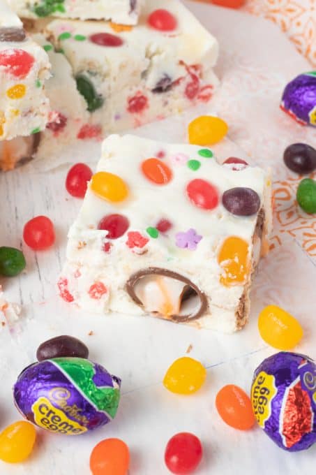 Mini Cadbury Creme Eggs and jelly beans in fudge.