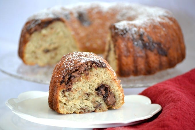 This Nutella Swirl Banana Bundt Bread is Nutella mixed in to a banana bread batter and shaped into a beautiful bundt cake - perfect with a cup of coffee!