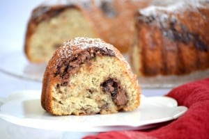 This Nutella Swirl Banana Bundt Bread is Nutella mixed in to a banana bread batter and shaped into a beautiful bundt cake - perfect with a cup of coffee!