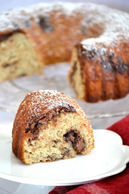 This Nutella Swirl Banana Bundt Bread is Nutella mixed in to a banana bread batter and shaped into a beautiful bundt cake - perfect with a cup of coffee!