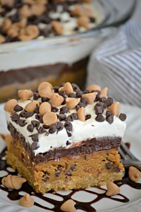 Peanut Butter Cookie Dough Dream Bars topped with mini chocolate and peanut butter chips for a fabulous no bake dessert to wow family and friends!