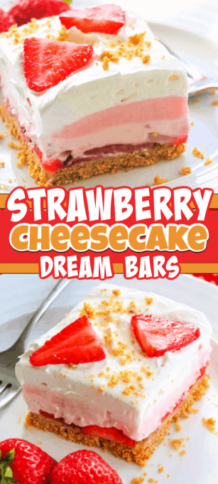 Strawberry Cheesecake Dream Bars - a graham cracker crust, fresh strawberries, a creamy strawberry cheese layer, strawberry creme pudding, topped with whipped topping. These are the perfect dessert to make when strawberries are in season! A delicious and easy no bake dessert, Strawberry Cheesecake Dream Bars.