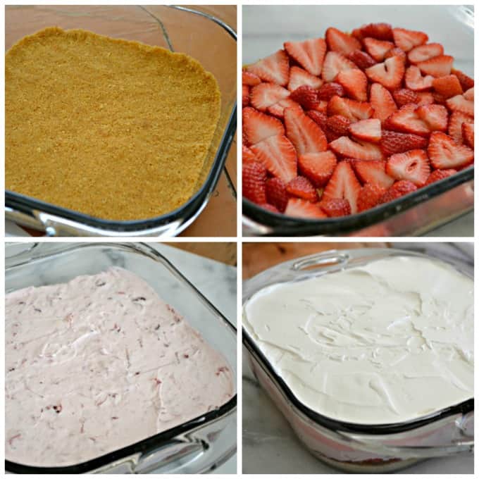 These Strawberry Cheesecake Dream Bars are layers of graham crackers, strawberries, and more. It's the perfect NO-BAKE dessert for strawberry season!