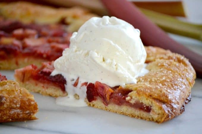 This Strawberry Rhubarb Galette is a flour and cornmeal crust filled with a strawberry-rhubarb filling. It's easy to make and is a perfect summer dessert.