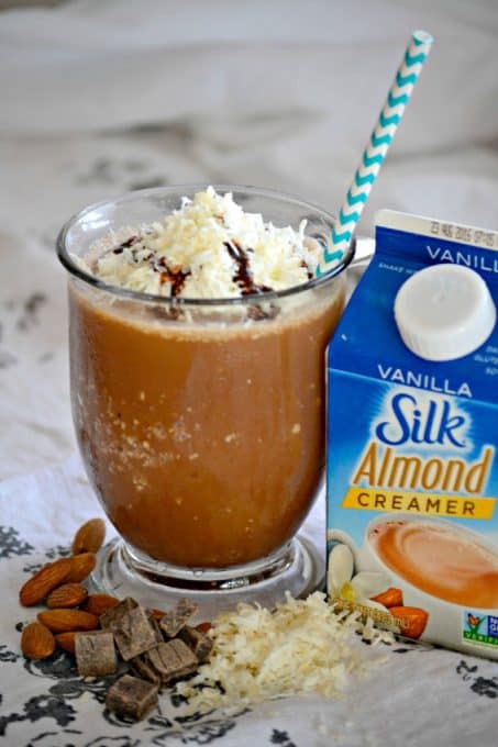 This Almond Candy Bar Frozen Coffee is taste of your favorite coconut candy bar in a refreshing frozen coffee drink. And it's dairy-free thanks to Silk Vanilla Almond Creamer.