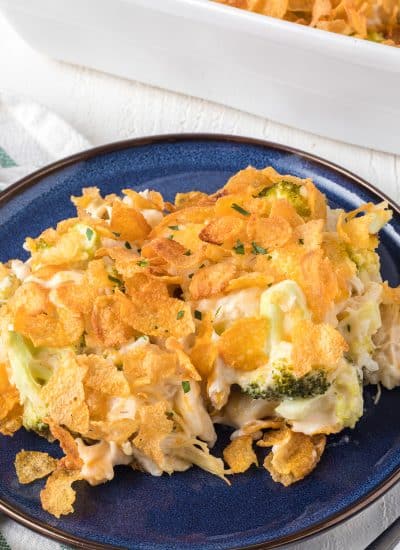 Rice, Broccoli and Chicken in a creamy sauce topped with corn flakes.