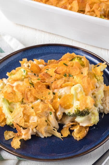 Rice, Broccoli and Chicken in a creamy sauce topped with corn flakes.