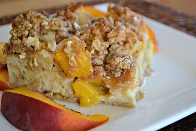 This Peaches and Cream Baked French Toast is made of peaches, cream cheese, French Bread and an egg mixture to make it the perfect seasonal breakfast a favorite everyone's sure to love. 