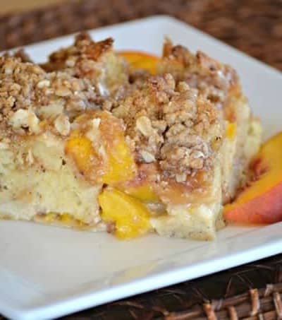 This Peaches and Cream Baked French Toast is made of peaches, cream cheese, French Bread and an egg mixture to make it the perfect seasonal breakfast a favorite everyone's sure to love. 