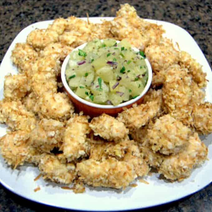 Toasted Coconut Chicken Bites with Pineapple Salsa